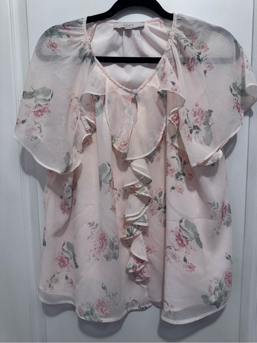 LOFT Blush Pink Floral Ruffle Front Blouse